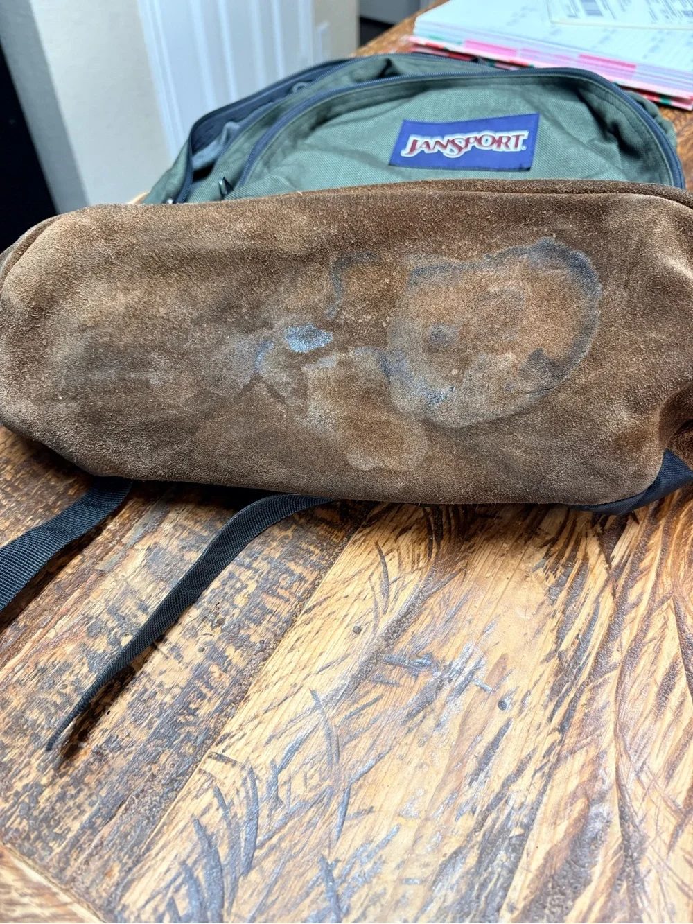 90’s Jansport Olive Green Canvas Backpack w/Brown Suede Base Large